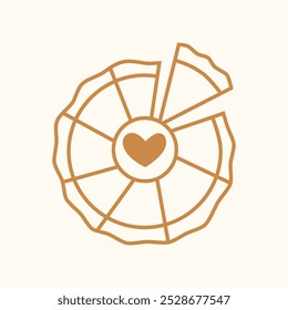 Pizza icon top view with broken piece and heart. Vector illustration in outline style