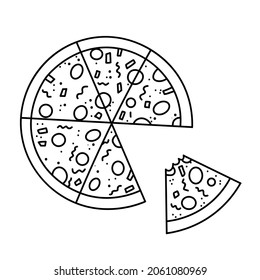 pizza icon. Vector illustration in doodle style isolated on white background. Pizza fast food logo icon. A traditional sign of Italian cuisine. Design for pizzeria, cafe, restaurant, menu