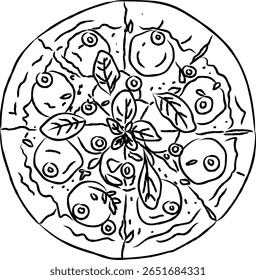 Pizza icon vector illustration with top view. Pizza sketch draw. Pizza. Food Illustration for menu design, prints, and element design.