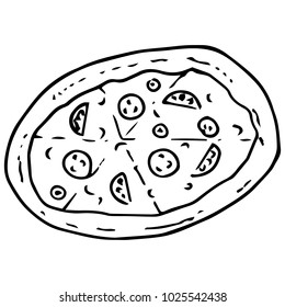 Pizza icon. Vector illustration of vegetable, meat, mushroom pizza. Hand drawn pizza.