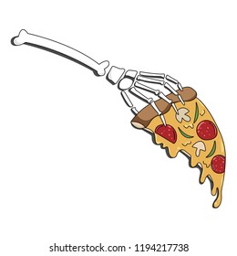 Pizza icon,pizza and skeleton hand. Vector graphic illustration, isolated on white background. Fast food, flat design,illustration for design fast food menu.