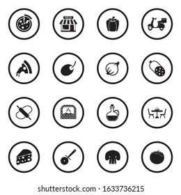 Pizza Icons. Black Flat Design In Circle. Vector Illustration.