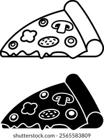 Pizza Icons. Black and White Vector Illustrations. A Slice of Pizza with Cheese, Paprika, Sausage, Mushrooms, and Olives. Tasty Food. Fast Food Concept