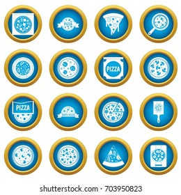 Pizza icons blue circle set isolated on white for digital marketing