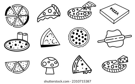 Pizzasymbole Sammlung Vektorgrafik. Illustration von Pizza auf Schwarz-Weiß