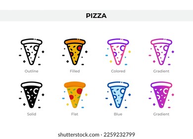 Pizzasymbole in verschiedenen Stilen. Pizza-Ikonen-Set. Feiertagssymbol. Verschiedene Stilsymbole gesetzt. Vektorgrafik