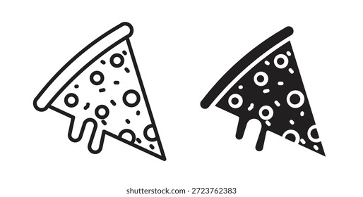 Iconos de pizza en línea delgada, contorno y trazos rellenos
