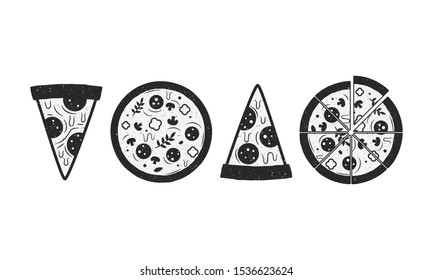 Pizza icons isolated on white background. Pizza slice. Set of 4 vector pizza silhouettes with grunge texture. Elements for restaurant menu design, logo, labels.