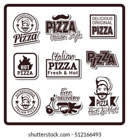 Pizza icons, labels, signs, symbols and design elements