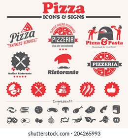 Pizza icons, labels, symbols & vector elements collection