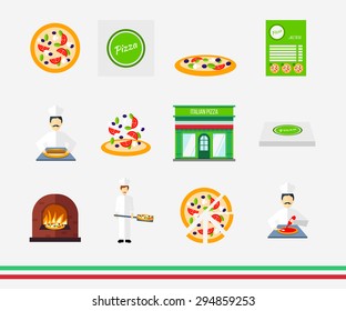 Pizza icons with pizzeria and chef set. vector illustration