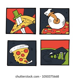 Pizza icons, posters, images set. Colorful illustration.