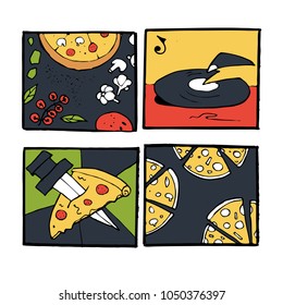 Pizza icons, posters, images set. Colorful illustration.