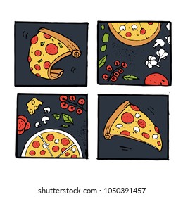 Pizza icons, posters, images set. Colorful illustration.