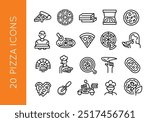 Pizza icons. Set of 20 trendy minimal pizza icons. Pizza slice, box, oven, delivery, chef and pizza cutter icons. Perfect for restaurant menus, culinary branding. Vector illustration