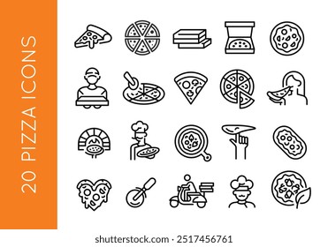 Pizza icons. Set of 20 trendy minimal pizza icons. Pizza slice, box, oven, delivery, chef and pizza cutter icons. Perfect for restaurant menus, culinary branding. Vector illustration