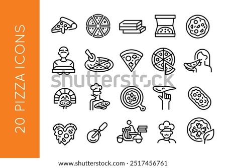 Pizza icons. Set of 20 trendy minimal pizza icons. Pizza slice, box, oven, delivery, chef and pizza cutter icons. Perfect for restaurant menus, culinary branding. Vector illustration