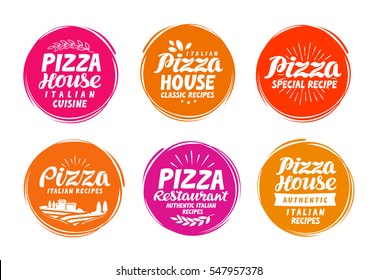 Pizza icons set. Collection labels for menu design restaurant or cafe. Vector illustration