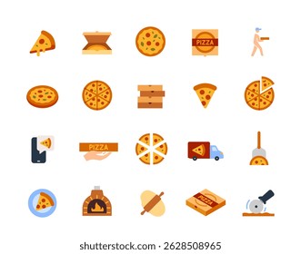 Pizza icons set. Colorful signs with pizza slice, italian food box, courier, knife and oven. Design for cafe menu and food delivery app. Flat vector illustration collection isolated on background
