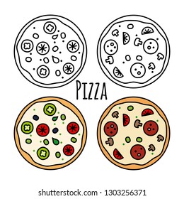 Pizza icons set. Coloring fast food vector illustration. Pizza food emblem for menu