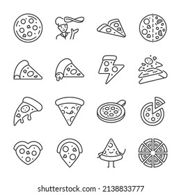 Pizza icons set. Cooking, different shapes, slices of pizza, icon collection. Line with editable stroke