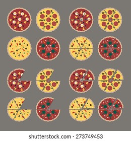 Pizza icons set. Flat design. Vector illustration.