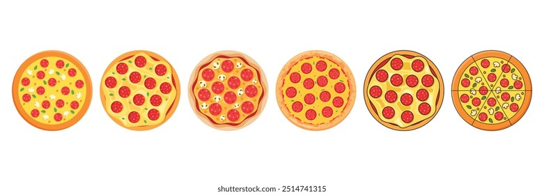 Ícones de pizza definidos em estilo plano. Ilustração do vetor de alimentos de Pepperoni em fundo isolado. Pizzaria assina conceito de negócios.