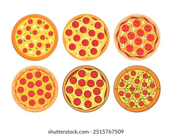 Ícones de pizza definidos em estilo plano. Ilustração do vetor de alimentos de Pepperoni em fundo isolado. Pizzaria assina conceito de negócios.