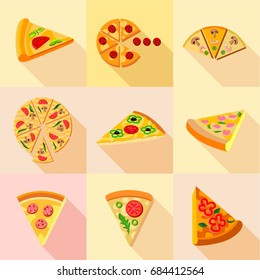 Pizza icons set, flat style