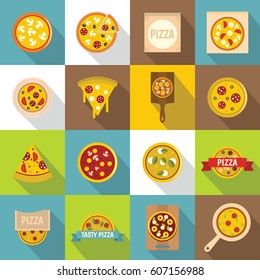 Pizza icons set food. Flat illustration of 16 pizza vector icons for web