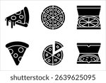 Pizza icons set. Pizza slice, box, delivery,  vector illustration on white background
