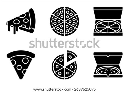 Pizza icons set. Pizza slice, box, delivery,  vector illustration on white background