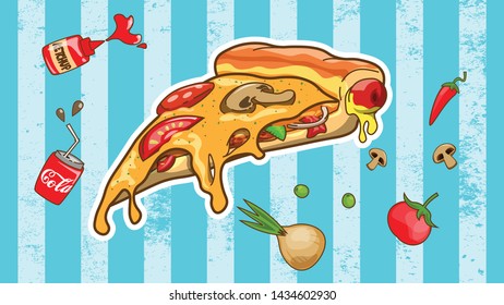 Pizza Illustration  cartoon concept suitable for mural, background, sticker, banner, web landing page