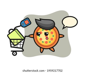 Pizza illustration cartoon with a shopping cart, cute style design for t shirt, sticker, logo element