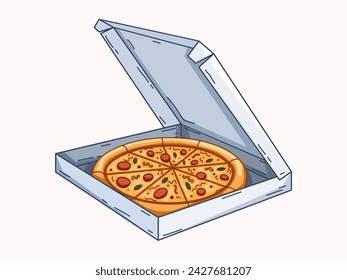 Ilustración de pizza colección de imágenes prediseñadas con una tentadora vista superior de una pizza adornada con ingredientes salados, así como una suculenta ilustración de pizza en una caja.