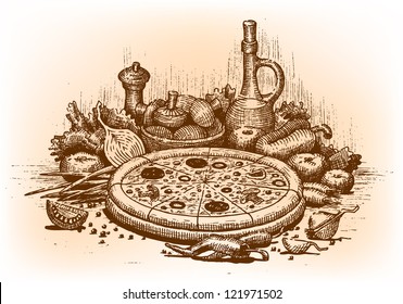 Pizza illustration drawn by hand