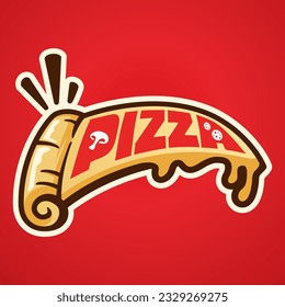 Pizza illustration with lettering on it. Vector idea of pizza on red background with editable content.