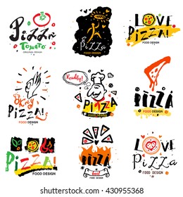 Pizza illustration and logo. Symbols and design elements for pizzeria