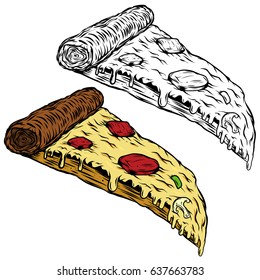 Pizza illustration on white background. Design element for logo, label, emblem, sign, menu. Vector illustration