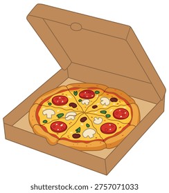 Pizza illustration in open box with toppings shown in colorful cartoon vector style suitable for food delivery and fast food design
