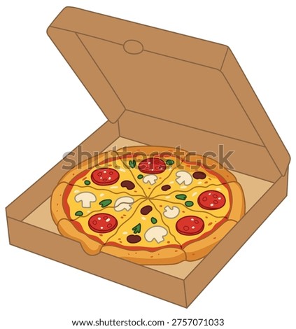 Pizza illustration in open box with toppings shown in colorful cartoon vector style suitable for food delivery and fast food design
