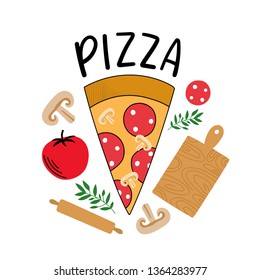 Pizza illustration for print, decor, cafe. Funny pizza illustration.