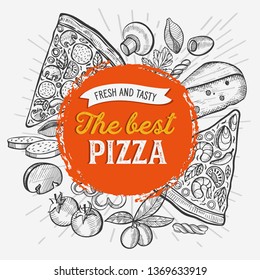 Pizza illustration for restaurant on vintage background. Vector hand drawn poster for food cafe and italian cuisine truck. Design with lettering and doodle graphic vegetables.