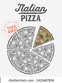 Pizza illustration for restaurant on vintage background. Vector hand drawn poster for food cafe and italian cuisine truck. Design with lettering and doodle graphic vegetables.