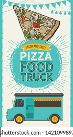 Pizza illustration for restaurant on vintage background. Vector hand drawn poster for food cafe and italian cuisine truck. Design with lettering and doodle graphic vegetables.