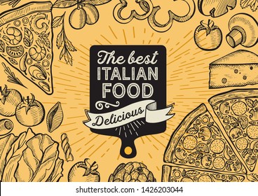 Pizza illustration for restaurant on vintage background. Vector hand drawn poster for food cafe and italian cuisine truck. Design with lettering and doodle graphic vegetables.