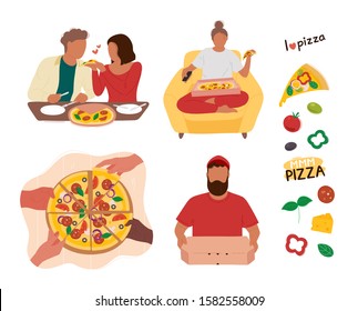Pizza illustration set. Collection of people eating pizza, delivery service, ingredient icons, letterings. Flat modern trendy style. Vector character icon. Isolated on white background.