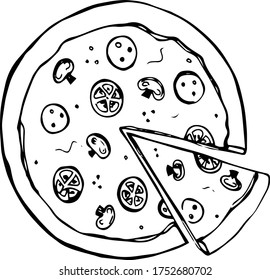 Pizza illustration with tomatoes, mushrooms and pepperoni.

