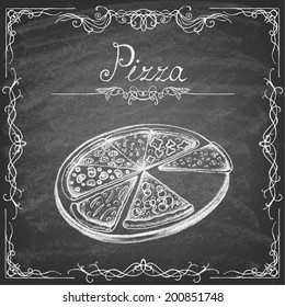 Pizza. Illustration of a vintage graphic element for menu on the chalkboard. Retro vintage style. Vector illustration. 