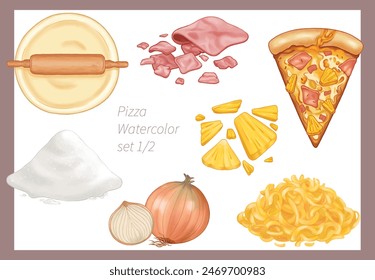 Pizza illustration watercolor ingredient food painting hand drawn clipart Set 1